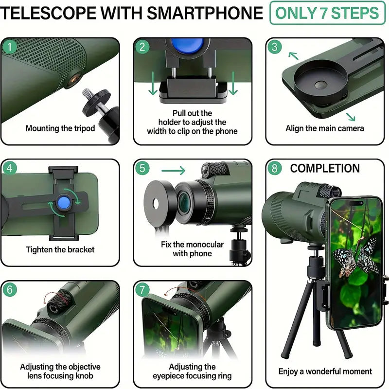 NNETM 80x100 Monocular Telescope with Phone Clip and Tripod - Green