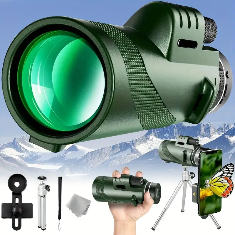 NNETM 80x100 Monocular Telescope with Phone Clip and Tripod - Green