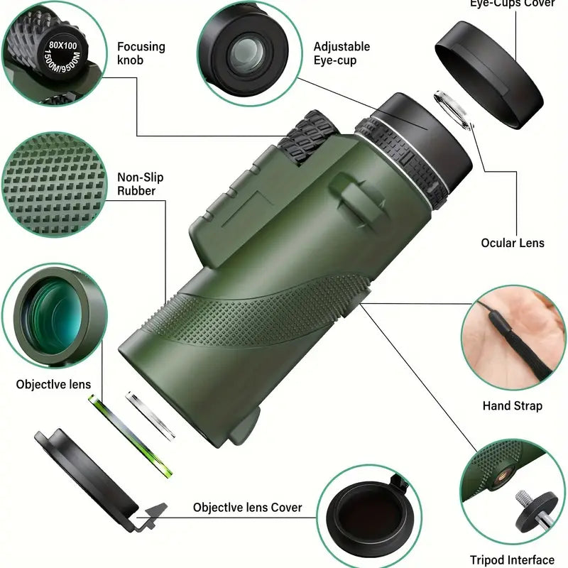 NNETM 80x100 Monocular Telescope with Phone Clip and Tripod - Green