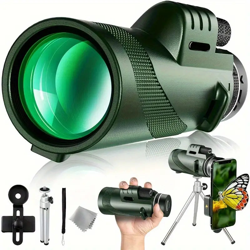NNETM 80x100 Monocular Telescope with Phone Clip and Tripod - Green