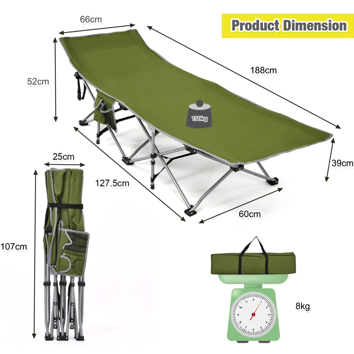 NNECW Folding Camping Cot with Side Storage Pocket &amp Detachable Headrest-Green