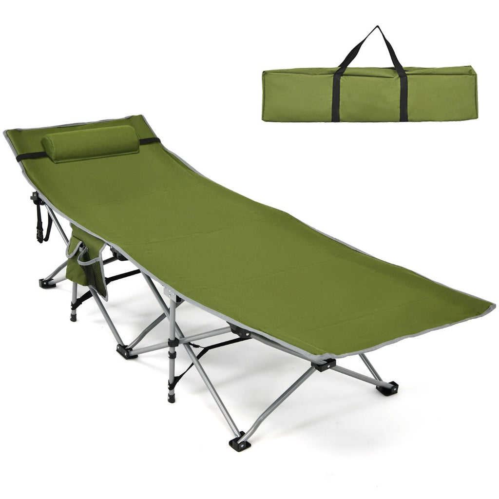 NNECW Folding Camping Cot with Side Storage Pocket &amp Detachable Headrest-Green