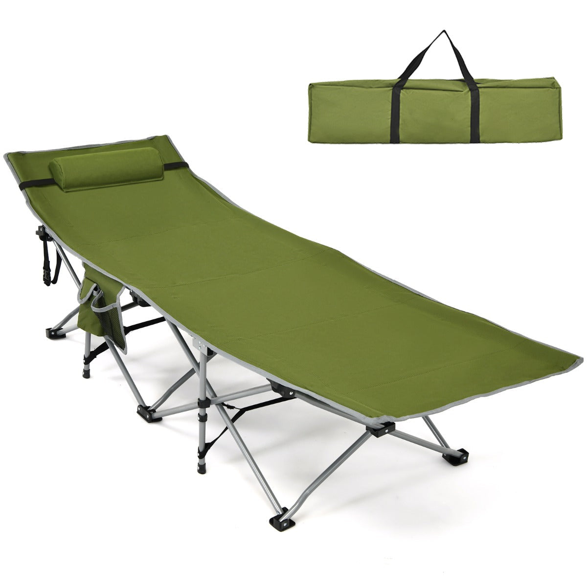 NNECW Folding Camping Cot with Side Storage Pocket &amp Detachable Headrest-Green