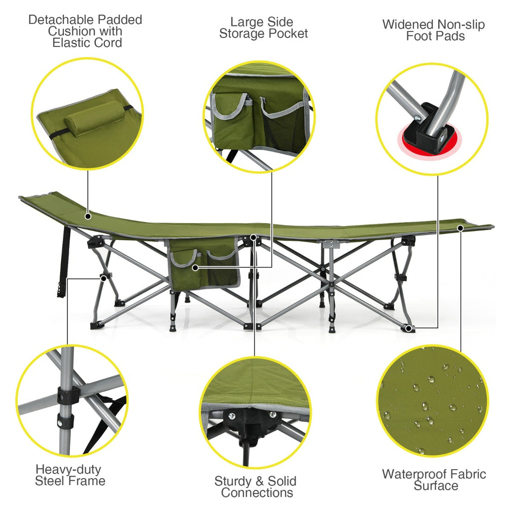 NNECW Folding Camping Cot with Side Storage Pocket &amp Detachable Headrest-Green