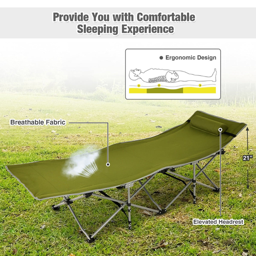 NNECW Folding Camping Cot with Side Storage Pocket &amp Detachable Headrest-Green
